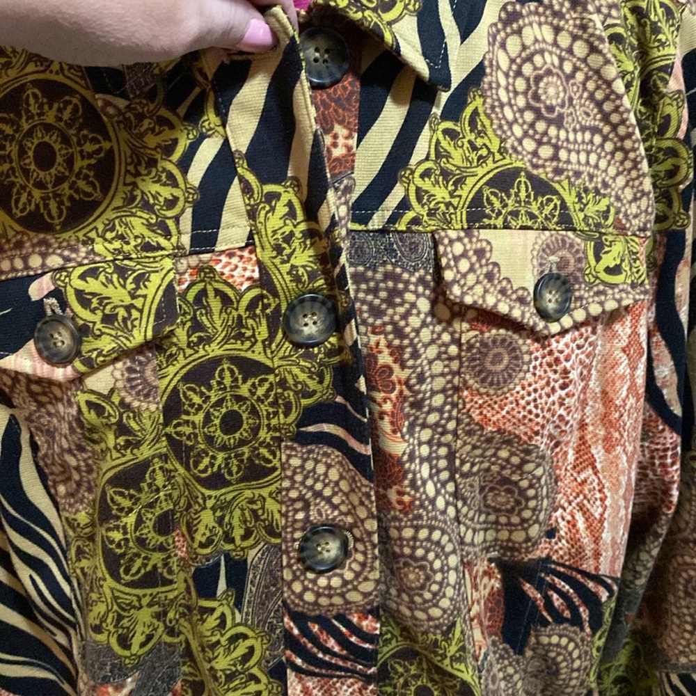 EUC ATTYRE New York soft button up green orange brown Boho print jacket XL - Picture 2 of 5